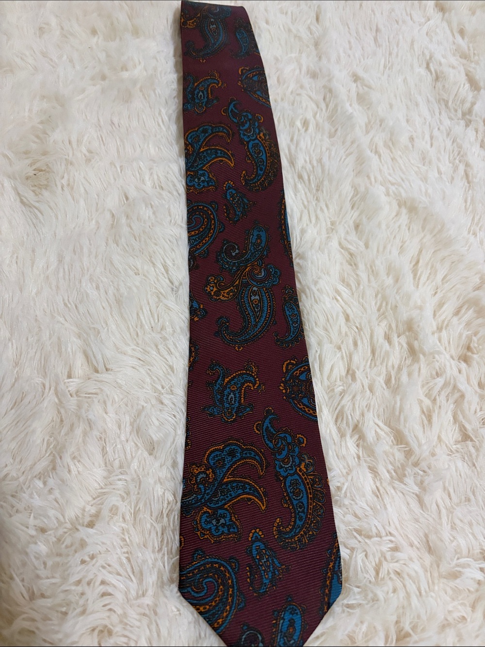 Neiman Marcus Burgundy Paisley Tie with Blue and Gold Accents